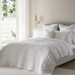 Esmeralda White Floral Embroidered Quilted Linen Blend Bedspread