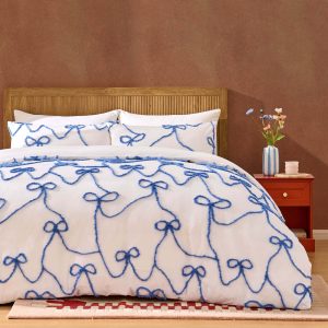 Bella 100% Cotton Tufted Bows Duvet Cover & Pillowcase Set - Light Cornflower