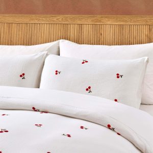 Cherry Embroidery Cotton Muslin Duvet Cover & Pillowcase Set - White