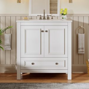 Modern Bathroom Vanity, Vanity Cabinet with Ceramic Basin and 1 Drawer