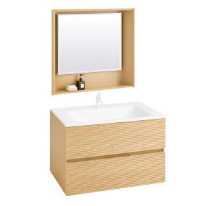 SoBuy BZR198-N Bathroom Vanity Set with Wall Mirror – Narrow Ceramic Washbasin Cabinet Storage Shelf Natural