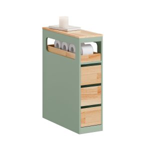SoBuy BZR54-II-GR, Slim Bathroom Storage Cabinet with Wheels, 3 Drawers – Narrow Freestanding Bathroom Storage Unit in Wood, Green 65x24x82cm