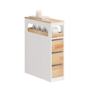 SoBuy BZR54-III-WN, Slim Bathroom Storage Cabinet with Wheels, 3 Drawers – Narrow Freestanding Bathroom Storage Unit in Wood, White+Nature, 65x23x82cm