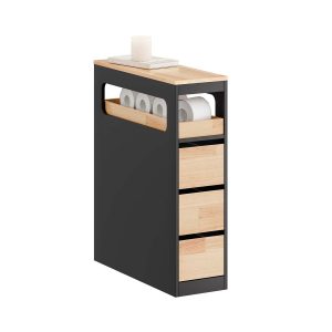 SoBuy BZR54-II-SCH, Slim Bathroom Storage Cabinet with Wheels, 3 Drawers – Narrow Freestanding Bathroom Storage Unit in Wood, Black 65x24x82cm