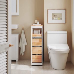 SoBuy BZR54-IV-WN, Movable Bathroom Cabinet Toilet Paper Roll Holder Cabinet with 2 Open Compartments, White