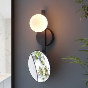 Spa IP44 Bathroom Mirrored Wall Light in Matt Black & Matt Opal Glass
