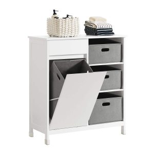 SoBuy BZR77-W, Laundry Cabinet – Freestanding Bathroom Cabinet with Laundry Basket – Space-Saving Bathroom Storage Uint with Drawers – Storage Cupboard in Wood, Moisture-Resistant, White, 80x91x38cm