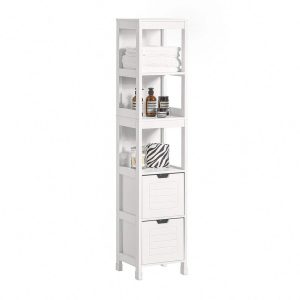 SoBuy FRG126-W, Bathroom Storage Cabinet Slim Tall 3-Tier Shelves with 2 Drawers White MDF Cupboard Freestanding Narrow Bathroom Cabinet for Toilet Sink Kitchen Corner 30x30x144cm