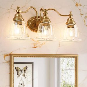 3-Light Bathroom Light Fixtures, Modern Wall Lights with Clear Glass Shade