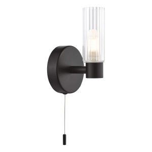 Bolton Switched IP44 Bathroom Wall Light In Matt Black with Ribbed Glass Shade