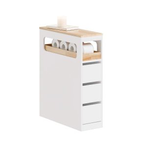SoBuy BZR54-II-W, Slim Bathroom Storage Cabinet with Wheels, 3 Drawers – Narrow Freestanding Bathroom Storage Unit in Wood, White, 65x23x82cm
