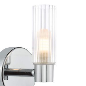 Bolton Switched IP44 Bathroom Wall Light In Polished Chrome with Ribbed Glass Shade