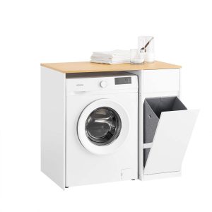 SoBuy BZR217-WN Washing Machine Cabinet – Bathroom Cabinet with Laundry Basket & Drawer, for Washing Machine & Dryer, Storage Unit in wood, White, 100×60×90 cm