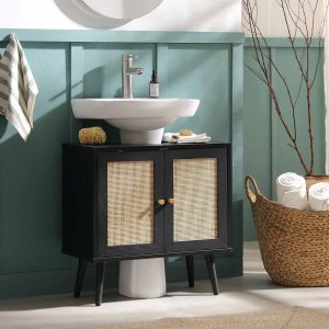 Frances Woven Rattan 2-Door Bathroom Undersink Unit, Black