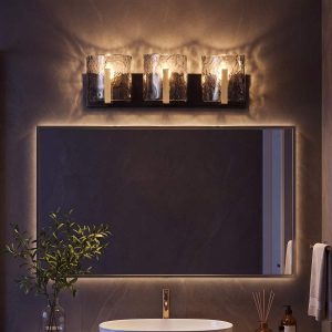 3‑Light Bathroom Light Fixtures, Modern Vanity Light with Smoky Gray Water Ripple Glass