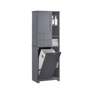 SoBuy BZR104-DG Tall Bathroom Storage Cabinet with Laundry Basket – 171cm Slim Freestanding Unit, 2 Drawers, 6 Shelves, Removable Hamper, Anti-Tip, Grey