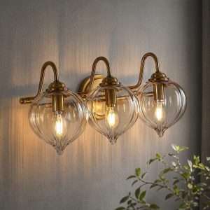 3-Light Bathroom Light Fixtures, Pumpkin Glass Vanity Light, Gold-Plated Metal