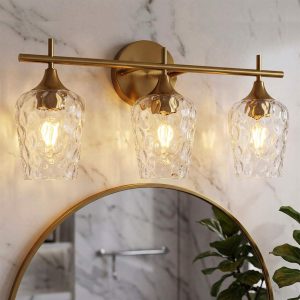 3-Light Bathroom Vanity Light, Modern Wall Sconce with Water Ripple Clear Glass Shades