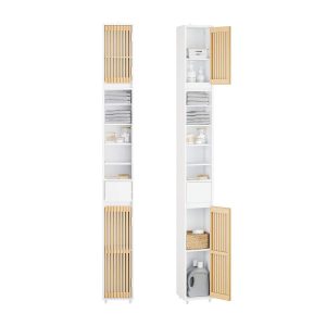 SoBuy BZR34-BW Slim Bathroom Tall Cabinet 20cm Wide – Freestanding Tallboy Storage Unit with Bamboo Doors & Adjustable Shelves, White