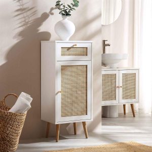 Frances Woven Rattan 1-Door Bathroom Cabinet, White