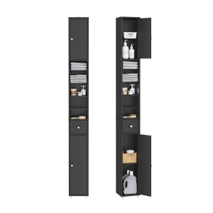 SoBuy BZR34-II-SCH Narrow Bathroom Cabinet – Tall Bathroom Cabinet Made of Wood with Adjustable Shelves – Water-Resistant Bathroom Cabinet, Space-Saving Bathroom Furniture, Black, 20x180x20cm