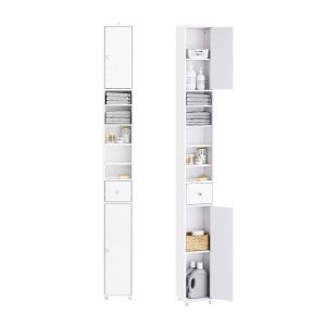 SoBuy BZR34-II-W Slim Tall Bathroom Cabinet – 20cm Wide Freestanding Storage Cupboard with Drawer & Adjustable Shelves, Water-Resistant MDF, 10 Colours, W20×D20×H180cm