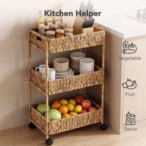 3-Tier Water Hyacinth Rolling Cart, Utility Storage Cart with Wheels for Bathroom Kitchen