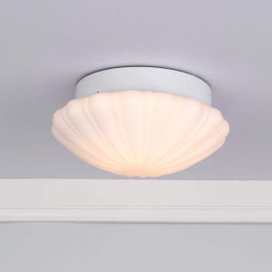 Cafe Bathroom IP44 Flush Ceiling Light with Scallop-Shell Opal Glass Shade