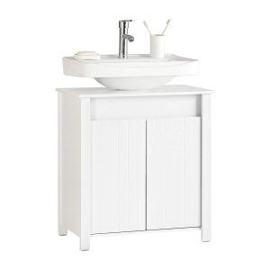 SoBuy BZR101-W, Bathroom Under Sink Cabinet – Compact Sink Cabinet with Doors, Adjustable Shelf & Pipe Cover – Small Bathroom Storage Unit, White, 60x66x34cm