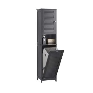 SoBuy BZR124-DG Tall Bathroom Storage Cabinet with Laundry Basket – Slim Grey Freestanding Cupboard with Shelves, 40x170x38 cm