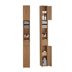 SoBuy BZR34-II-PF Slim Tall Bathroom Cabinet 20cm Wide, Freestanding Narrow Storage Cupboard with Adjustable Shelves & Drawer, Water-Resistant, Natural, W20×D20×H180cm