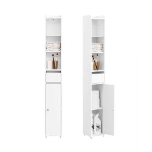 SoBuy BZR34-K-W, Bathroom Storage Tall Cabinet Slim Bathroom Storage Unit with Door & Drawer Narrow Storage Cabinet Freestanding Storage Furniture for Small Bathrooms 20x20x145cm