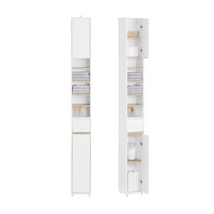 SoBuy BZR34-WN Slim Freestanding Bathroom Tallboy Cabinet – Narrow Cupboard with Adjustable Shelves & Drawer, W20×D20×H180cm, White and Natural