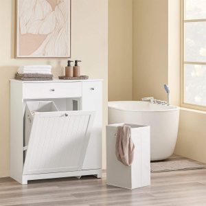 Pre-sale SoBuy BZR214-W, Tall Slim Bathroom Storage Cabinet with 1 Drawer, 2 Laundry Hampers and Side Pull-Out Shelf – Freestanding Narrow Bathroom Unit, 78x38x90cm White