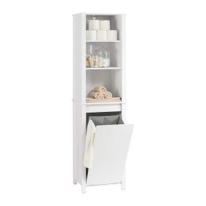 SoBuy BZR102-W, Bathroom Tall Cabinet with Laundry Basket – Narrow Bathroom Storage Cabinet with Folding Laundry Bag, Space-Saving Storage Cupboard in Wood, White, 45 x 171 x 35 cm