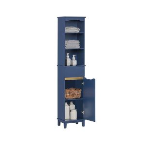 SoBuy BZR112-B, Bathroom Storage Cabinet Tall Slim Freestanding Unit with 3 Open Shelves and Drawer Narrow Bathroom Storage for Small Spaces Blue 35 x 30 x 170 cm