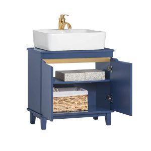 SoBuy BZR113-B, Under Sink Bathroom Cabinet – Bathroom Cupboard with Doors, Slim Storage Unit for Small Spaces in Wood, Blue, 60 x 59 x 30 cm