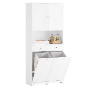 SoBuy BZR215-W, Tall Slim Bathroom Storage Cabinet with 2 Laundry Hampers & 2 Drawers, 78x38x181cm, Narrow Freestanding Bathroom Unit with Open Shelf & Cupboard – Bathroom Furniture for Small Spaces