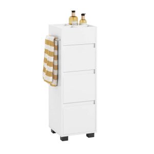 SoBuy BZR29-W White Bathroom Cabinet with 3 Drawers & 4 Shelves – Freestanding Narrow Storage Unit with Towel Bar, 30cm Wide