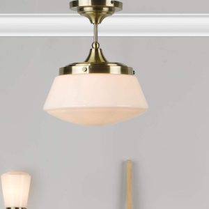 Caden Bathroom IP44 Semi Flush Ceiling Light In Antique Brass with Opal Glass Shade