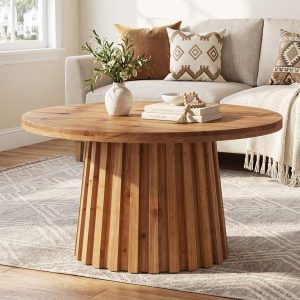 32" Round Fluted Coffee Table, Farmhouse Solid Wood Living Room, Circle Center Tea Table
