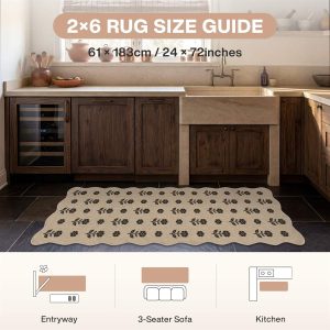 Floral Easy Jute Hallway Runner Rug, Scalloped Kitchen Runner Rug Non Skid Washable Indoor Carpet, Oeko-Tex Certified