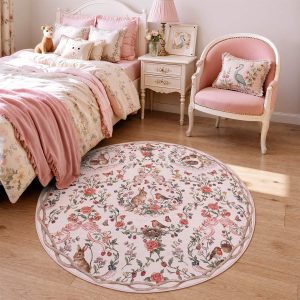 Pastoral Forest Bunny Floral Rug, Soft Water Mink Non-Slip Area Rug, Rectangular & Round Available