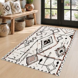 3x5/5x7 Vintage Boho Moroccan Area Rug, Non-Slip Geometric Neutral Soft Low Pile Throw Carpet, Oeko-Tex Certified