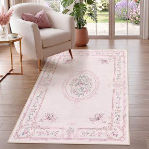 Multiple sizes Floral Boho Vintage Area Rug, Soft Bow Washable Non-Slip Low Pile Indoor Carpet, Oeko-Tex Certified