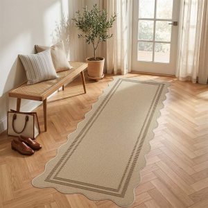2x6/3x5/5x7 Scalloped Easy Jute Area Rugs, Tan/Checkered Washable Hallway Runner Non Slip Carpet, Oeko-Tex Certified
