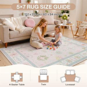 5x7/8x10/9x12 Boho Oushak Area Rug, Floral Washable Non Slip Low Pile Area Rug, Oeko-Tex Certified