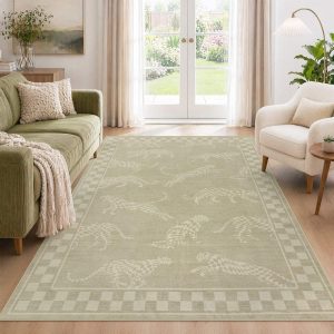 Leaping Cheetah Print Checkered Area Rug, Machine Washable Soft Non-Slip Low Pile Carpet, Oeko-Tex Certified