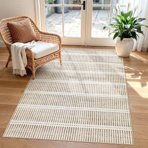 3x5/5x7 Ultra Thin Washable Area Rugs, Modern Non-Slip Striped Farmhouse Soft Indoor Carpet for Bedside Living Room, Oeko-Tex Certified