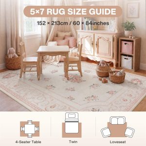 5x7/8x10 Boho Floral Area Rug, Vintage Soft Washable Low Pile Nursery Living Room Carpet, Oeko-Tex Certified